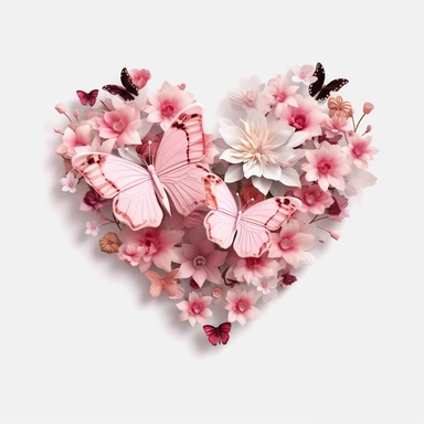 3D exceptionally beautiful pink flowers and butterflies in 3D, heart shaped, clipart, white background