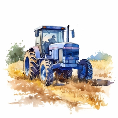 detailed watercolor blue tractor on farmland in summer clipart