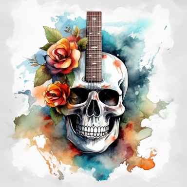 GUITAR WITH skull watercolor background clipart