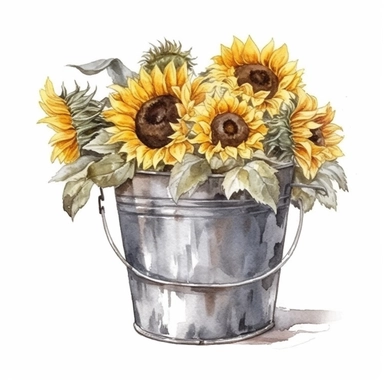 Sunflowers in a silver bucket, watercolor clipart, isolated white background, 32k
