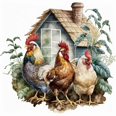 Cute Beautiful Three Chicken Front House watercolor Sublimation Clipart,Cartoon,hyper realistic, intricate detail, illustration style,high solution,on the white background