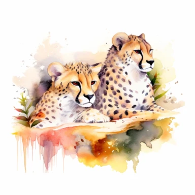 pair of cute cheetahs, lounging lazily in the shade, vibrant watercolor, clipart, on a white background