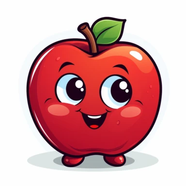 digital sticker, cute red apple mascot character, strong use of color, cartoon clipart, vector, white background