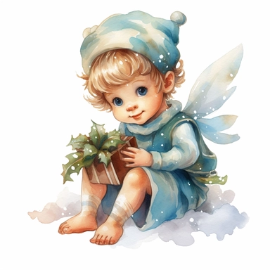 Cute Christmas fairy baby boy watercolor clipart, isolated on white background, watercolor, high detail, unique, intricate detail, hand - painted q 2 v 5. 1