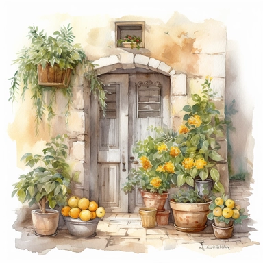 Create a beautiful watercolor clipart vignette of a rustic Mediterannean cobblestone courtyard with a collection of potted plants and potted lemon tree against a painted white rustic cottage door. The composition should be set against an isolated white background, with a bright and airy feel. Focus on capturing intricate details such as the delicate petals of the roses. Use a loose and fluid watercolor technique to create a sense of movement and lightness. Experiment with the use of negative spa