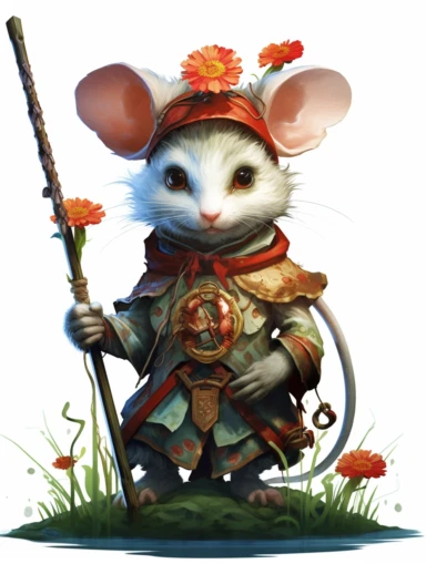 Cute mouse jester villain, Yoshitaka Amano, Banner Saga, samurai, electric embroidery, detailed eyes, grass, flowers, sunset, , white background clipart, clipart png, realistic, digital painting, WHITE BACKGROUND, fantasy style, realistic, painting, watercolor, 8k, ultra details,