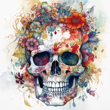 Develop a clipart image that portrays a human skull enveloped in a vibrant tapestry of intertwining flowers, reflecting dustin nguyen artistic sensibilities. The flowers should weave in and out of the skull's eye sockets, nose, and mouth, suggesting a seamless connection between life and death. Use a white background to emphasize the rich watercolor hues and the intricate floral patterns