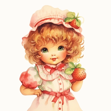 hand drawn strawberry shortcake doll, vintage 1980’s, watercolor, white background with margins, clipart style