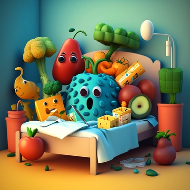 3D Cartoon in form of sick vegetables and fruits in hospital clipart mascot,hospital room background, 128K,supermega pixel, insane detail, hyper detailed,huge details, UHD, 8K