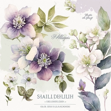 watercolor floral CLIPART, PURPLE HELLEBORES AND WHITE SPRING BLOSSOMS PREMADE BORDER, pastel pale COLORS, clipart, no background, blank space for writing, CLEAN OUTLINE, delicate and elegant, dreamy airy color, classic style, airy watery colors, with elements of GREEN LEAVES, hd, best quality, 8k, ar:3:1