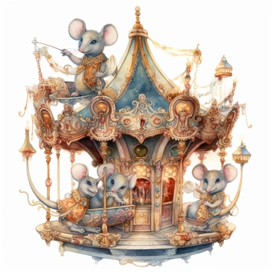 A pair of mischievous mice riding a whimsical carousel of their own creation, with intricately carved wooden animals and twinkling lights. Watercolor clipart in HD on a white background.