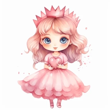 watercolor little princess clipart, pink tone colors, big eyes, smiling, lovely, adorable, wearing crown, holding a lovely heart, full body, on white background