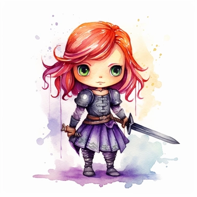 Clipart of a cute little girl brave happy warrior. She is red headed with green eyes. The background is watercolour. Cute and modern knight outfit. full body. wearing black and purple