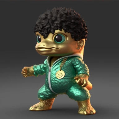 baby Godzilla, looks like Michael Jackson, doing dance steps, wearing a miami heat basketball jersey, wearing a gold pendant with a gold bitcoin on it, wearing hip hop style black satin pants and a green iridescent silk shirt, techno lighting, clipart on plain background
