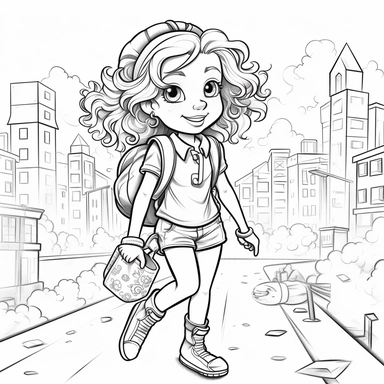 Full Coloring book page black and white, happy little girl going to school, school girl with backpack, athletic, clipart, 4k, white background, low details, black and white line art, vector monochrome, ar 2:3
