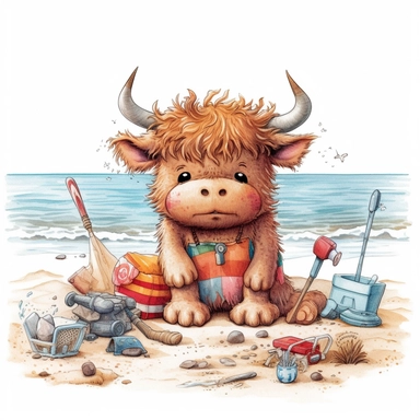 Baby Highland Cow play in the beach with beach toys, highly detailed, cartoon, watercolor, clipart, illustration, white background, digital painting, paper crafting, no signature, no text