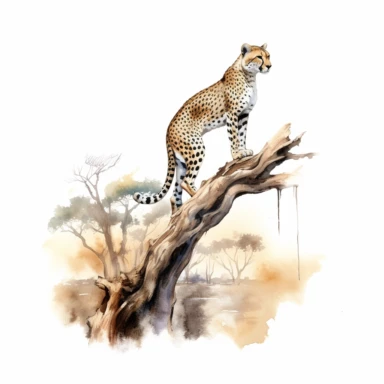 realistic watercolor cheetah standing on a broken tree bunk while watching the area across the land for any danger on solid white background, clipart