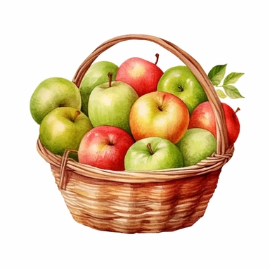 watercolor red and green apples in a basket clipart, white background, realistic with high details, beautifully colored with strong palette pastel colors, 32k hd, detailed quality
