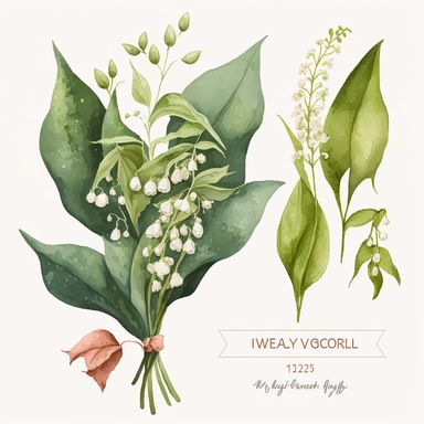 A watercolor clipart featuring a delicate bouquet of muguet (lily of the valley) flowers. The flowers are depicted with intricate details, capturing the texture and delicacy of each petal and leaf. The bouquet includes a variety of muguet flower types, such as small sprigs with delicate flowers and long stems with clusters of blooms. The watercolor technique used in the painting gives the image a soft, dreamy quality, with the colors blending together in a way that suggests movement and life. Th