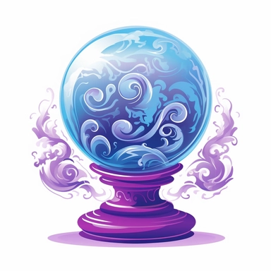Create an enchanting clipart of a mystical crystal ball against a pristine white background. The crystal ball should have a soft, ethereal glow, held within an intricately carved pedestal. Depict swirling mists and vivid visions within the crystal ball's translucent depths.