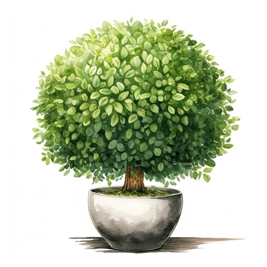 watercolor, hyper realistic, white background, white margins, 16k, ultra detailed clipart, cut out image, hand-drawn a topiary planter in the shape of a ball, with perfectly rounded and symmetrical green foliage. in the style of furaffinity, witty vignettes, charming vignettes, beatrix potte