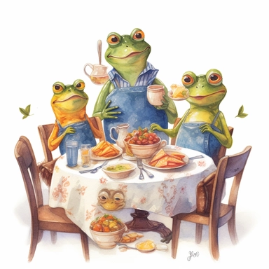 Create a watercolor illustration clipart of a playful cute Frog Having a family meal, with its full body visible. Use soft, flowing brushstrokes and a warm, inviting color palette to create an image that is both charming and whimsical. Incorporate intricate details like the motion of the Frog Having a family meal to create a lifelike, realistic image. Can add other elements to the illustration like related item to play to create playful scene. Use white background to allow the watercolor texture