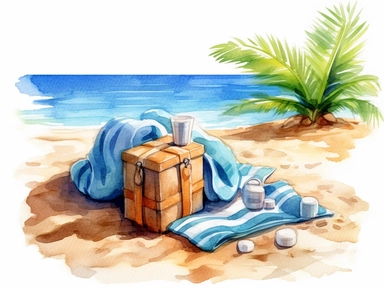Clipart of beach towel. Drawing with the technique of watercolor, very detailed and ultra realistic