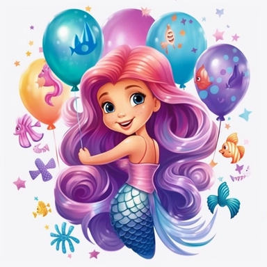 hd cartoon mermaid poster for happy birthday, with balloons, lilac and pink colors, ultra hd, girly, funky colors, clipart sea shells, cartoon star fish, water colors waves, high quality, fine lines