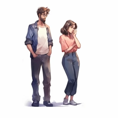 watercolor, Confused men and women in doubts and thoughts. Puzzled pensive people worry and think with serious thoughtful expressions. Uncertain characters. png Full body realistic cartoon in 32K UHD cute. 15 cm thick outline. Black color. There was no shadow on the ground. 8k with realistic watercolors and detailed illustrations. PNG clipart, transparent white background