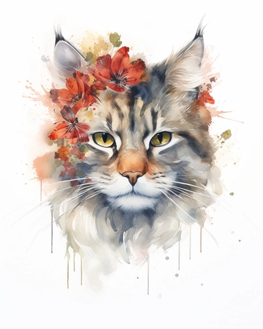Watercolor Painting of Norwegian Forest cat head on white background good anatomy, DETAILED ILLUSTRATION, Flora Design Patterns, Flemish Baroque by Rachel Ruysch, Behance, Rococo, Intricate Detailed, Soft Light Effect, Oil Paint Strokes, Light Academia Aesthetic Flowers, Lighting cinematic, all shown shimmering stamens, tyndall light, texture, colorful, 8k, fantasy, ray tracing, vivid, spectacular lighting, octane rendering, highly detailed, ultra - realistic, white background, clipart