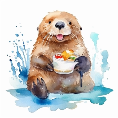 cute smiling watercolor sea otter holding food, white background, clipart, 8k resolution, high saturation, juicy colors, unreal engine