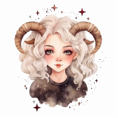 Aries zodiac sign as cute girl with white hair, brown horns and sheep ears, Watercolor Zodiac Sign Clipart Astrology