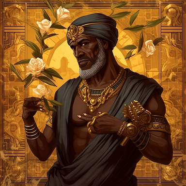 black older elegant man holding Egyptian fixes on a royal thorn with gold background clipart