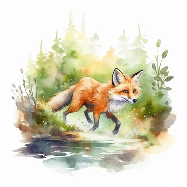 a watercolor art type clipart of a fox cute running in water in a forest on a spring sunny day in the forest