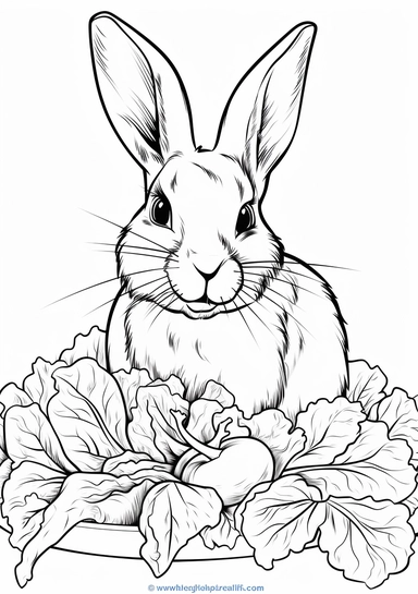 coloring page of a rabits eating lettuce, o shading, white background, clipart, simple, black and white, cute,