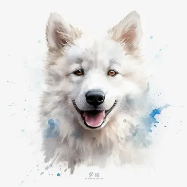 cute Canadian Eskimo Dog dog portrait, full face, centered shot, side shot, dynamically posed, in action, playful mood, happy mood, playing mood, cute face, adorable smile, childlike eyes, clean watercolor illustration, white background, nursery baby imagery, painting, detailed, 8k, PNG, clipart,