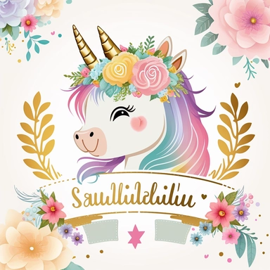 cute unicorn in chibi style with flowers in hair, colourful rainbow colours, well lite, with name plate ribbon with gold trim, watercolor clipart using procreate grain brush, svg white background