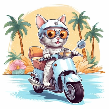 Create a clipart of a cute kitten driving a motorcycle. Pastel colors. White Background with a beach setting and palmtrees, soft lighting.