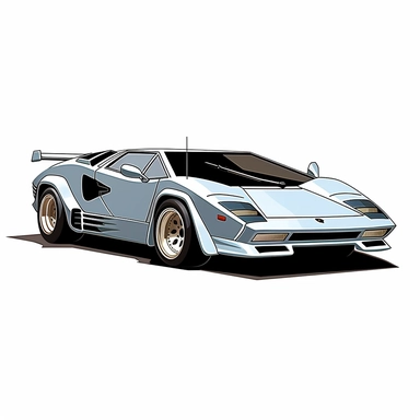 in clipart style, vector image, A meticulously crafted illustration of a silver 1975 Lamborghini Countach , highlighting its iconic design and graceful contours, placed against pure white background (style: evoking the accuracy and refinement of classic automobile blueprints) (lighting: deliberate, directional lighting) (colors: an elegant palette for the car's body set against a pristine, white backdrop) (composition: captured from a side view or three-quarter angle using a 35mm lense ensuring 