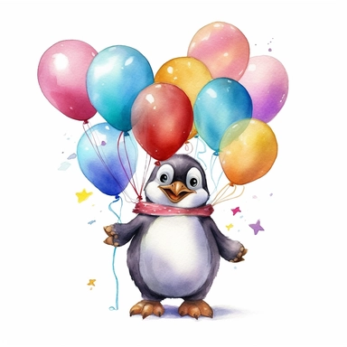 realistic, high resolution, smiling penguin with baloons, cartoon, watercolor clipart, completely white background