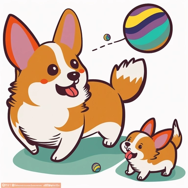 a cute cartoonish clipart of a mommy corgi playing with her baby, by Kasia Rogowska, with a white background and a bright and colorful color palette. The mommy corgi is teaching her baby how to play fetch with a ball, and the baby corgi is bouncing happily after the ball. The clipart has a dynamic and energetic style, with lively lines and fun patterns that make it really pop.