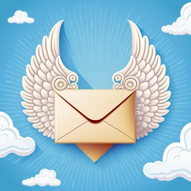 letters to heaven , clipart, cartoon, line art, envelope, wings, heart, clouds, white, revere, respectful, calm, blue background