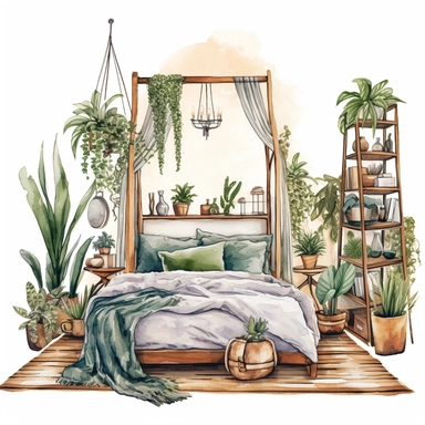 A boho style home bed room with watercolor effect, boho style tools, boho style details, boho colors, suitable for digital clipart, white background, boho style green plants, boho flowers