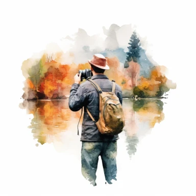 Create a watercolor clipart of a photographer capturing a beautiful landscape or an interesting subject