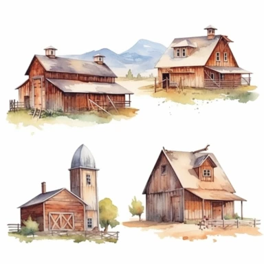 watercolor Old west style barns, illustrations clipart set, simple, , cartoon elements ,different variants , separate elements with a margin