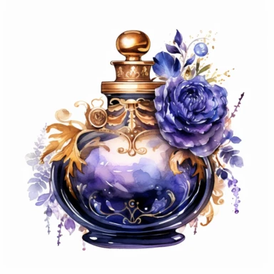 watercolor, white background, clipart, watercolor, white background, ultra-realistic and hyper-detailed clipart beautiful floral perfume bottle in a victorian style, navy blue and rich gold hues
