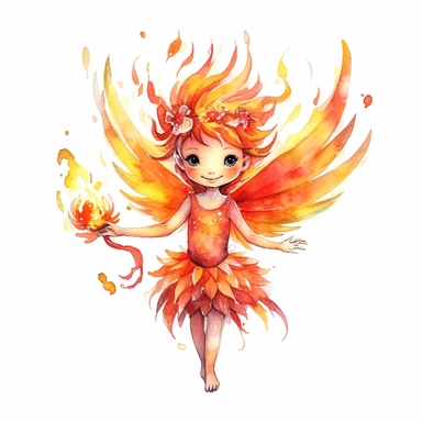 watercolor cute fire fairy, wings, flame around, detailed, hd, clipart