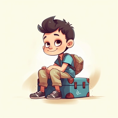 Cute little boy character sitting on a suitcase, kids style, 2D, vector, good quality, Pixar children's book illustration, vector, cartoon character, hand drawing, clipart