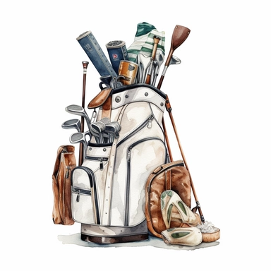 Idyllic watercolor clipart of a white Vessel Player III Golf Bag and clubs, isolated on a pure white background, insane detail,
