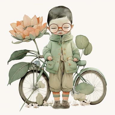 watercolor, very cute little child in a pastel green coat with lots of pockets, vintage aviator glasses, baby orange trousers holding a little vintage toy, on a vintage bicycle, sorounded by big lotus flowers with long stem, clipart, white background